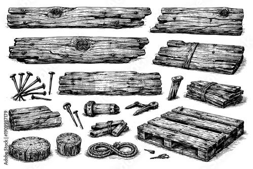 Rustic wooden elements: planks, nails, tools, and pallet illustration