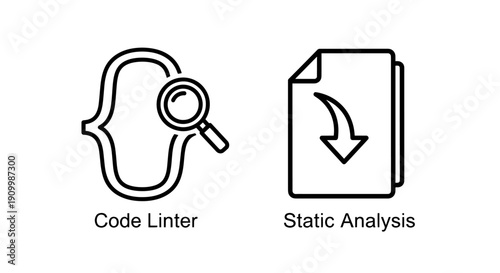 Icons for code linter with code braces and magnifying glass, and static analysis with document and download arrow.