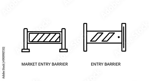 Icons representing market entry barrier and entry barrier, showing hurdles and obstacles for business.