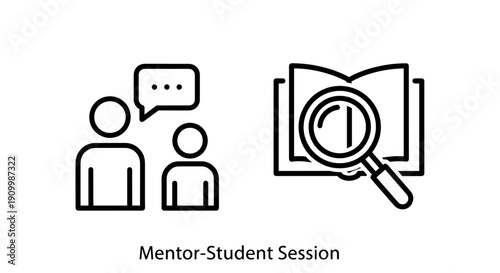 Mentor-Student Session icon showing communication and book with magnifying glass for learning, research, or education concept.