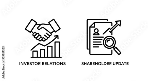 Investor relations icon with handshake and upward graph for financial growth, alongside shareholder update icon for reporting.