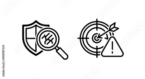 Security shield icon with magnifying glass for threat detection and target icon with warning for risk assessment and cybersecurity.