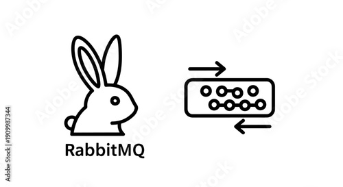 RabbitMQ icon representing message queue technology and data transfer icon with arrows for asynchronous communication systems.