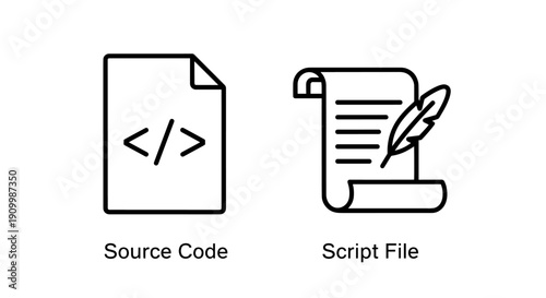 Source code icon with angle brackets and script file icon with feather quill pen for programming and writing content.