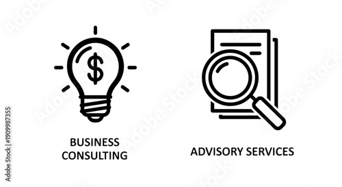 Business consulting and advisory services icons with lightbulb, money, document, and magnifying glass on white background