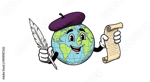 World Poetry Day Illustration of a joyful cartoon Earth character holding a quill and a scroll, wearing a beret, representing global storytelling and education