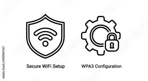 Secure WiFi setup and WPA3 configuration icons featuring shield, Wi-Fi symbol, gear, and lock, symbolizing network security