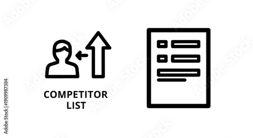 Icons for competitor list and competitive analysis, showing growth arrow and document checklist, for business strategy