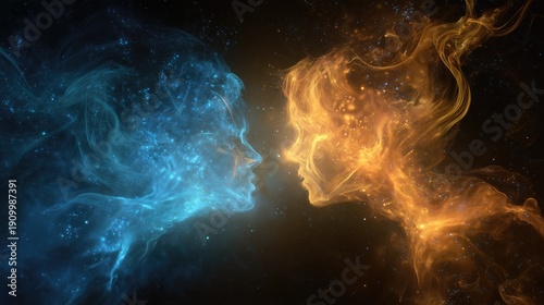 Business collaboration visualized through opposing yet complementary abstract profiles in fiery orange and cool blue.