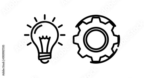 Simple line art icons of a lightbulb and a gear, symbolizing idea generation, innovation, and mechanical engineering.