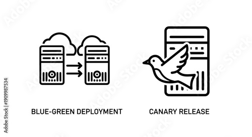 Icons for Blue-Green Deployment and Canary Release, illustrating server update strategies and risk management in software deployment.