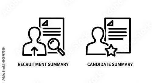 Icons for Recruitment Summary and Candidate Summary, featuring user silhouettes, documents, magnifying glass, and star for HR analysis.