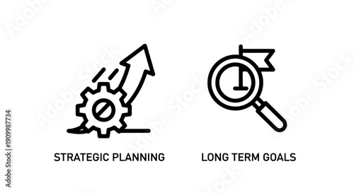 Strategic Planning and Long-Term Goals Icons: Business Growth and Future Vision Concepts in Outline Style