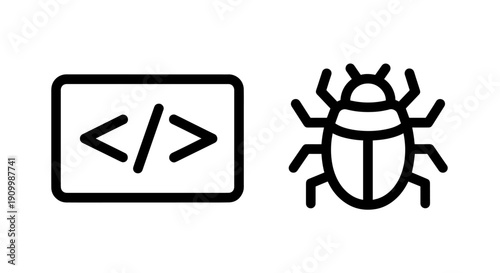Code Syntax and Bug Icons: Programming, Debugging, and Software Development Issues in Outline Style