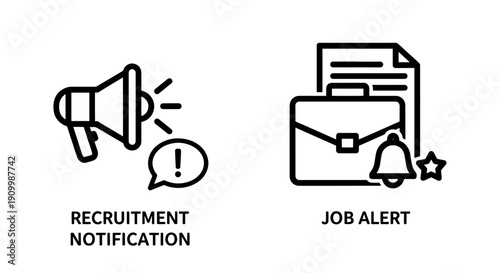 Recruitment Notification and Job Alert Icons: Hiring Process and Employment Opportunity Concepts in Outline
