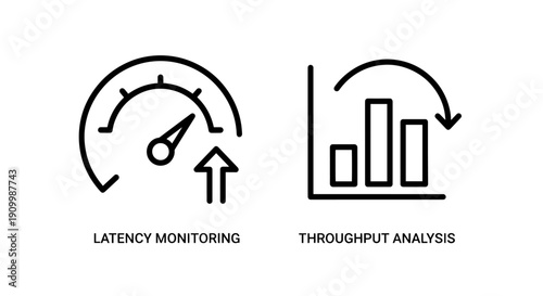 Latency Monitoring and Throughput Analysis Icons: Performance Metrics and Network Speed Concepts for Tech