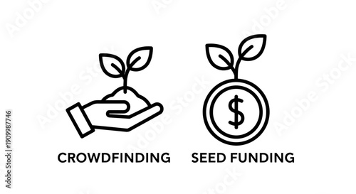 Crowdfunding and Seed Funding Icons: Startup Investment and Financial Support Concepts in Outline