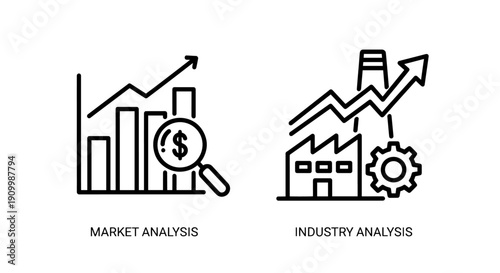Business analysis icons: market analysis with graphs and magnifying glass, industry analysis with factory and rising arrow.