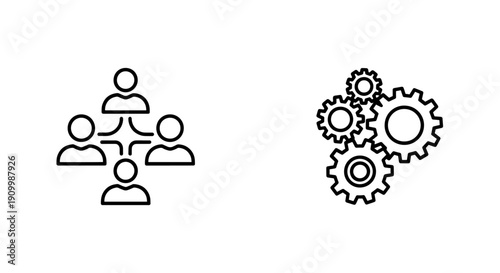 Teamwork and collaboration icons: Connected figures representing a team structure and interlocking gears symbolizing synergy and integrated processes, highlighting coordination.