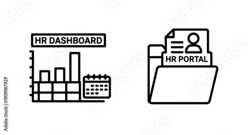 HR and business analytics icons: A dashboard with charts and calendar for HR dashboard, and a folder with a person icon for HR portal, signifying human resource data and online access.