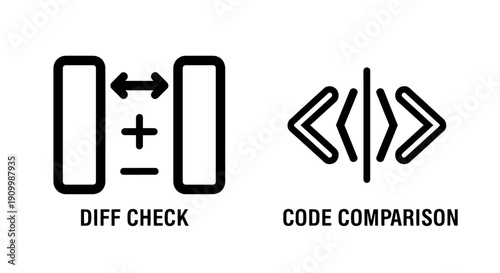 Code comparison icons: Two blocks with arrows and plus/minus for diff check, and angled brackets for code comparison, representing software development differences and version analysis.