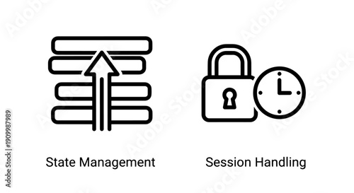 State management and session handling icons for software development and web applications.