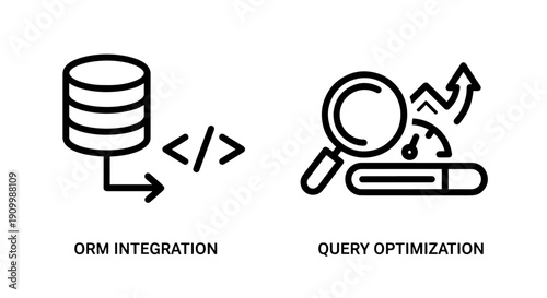 ORM integration and query optimization icons, representing software development database connectivity and performance enhancement with data and speed symbols.