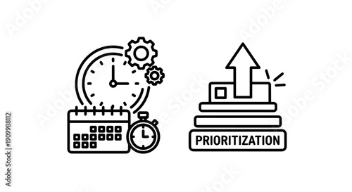 Time management and prioritization concept with calendar, clock, stopwatch and gears. Modern flat icon design, infographic element.