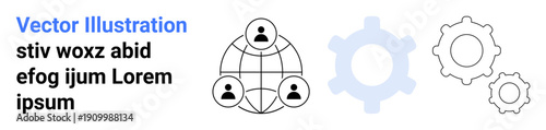 Teamwork, networking, collaboration, technology processes, system integration, global communication. Diagram of connected people on a globe with gear mechanisms. Networking and collaboration concept