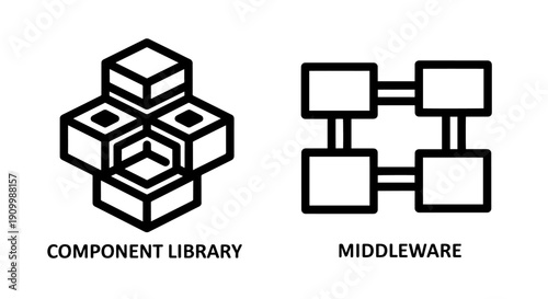 Component library and middleware icons. Stack of blocks representing reusable UI elements and interconnected squares. Software architecture and development.