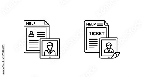 Help desk and support ticket icons. Document with 'HELP' and user profile, digital tablet with 'TICKET' and avatar. Customer service, technical support, and assistance.