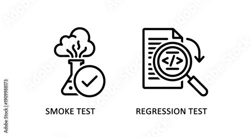 Software testing icons: Smoke Test in beaker and Regression Test with code and magnifying glass. QA, debugging, and code quality assurance.
