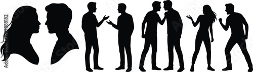 People arguing silhouette vector set, men and women conflict discussion poses, relationship communication illustration isolated
