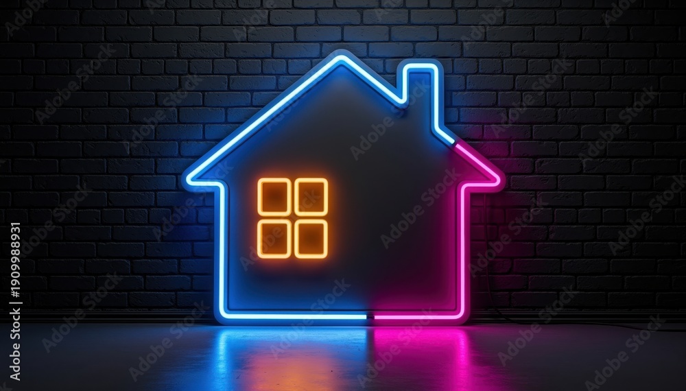 Fototapeta premium Neon House: A vibrant, neon-lit house against a dark brick wall, radiating modern allure and symbolizing the concept of home and property.