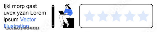 User experience, online reviews, customer feedback, ratings, digital services, productivity. Woman working on a laptop next to a pencil and star rating. User experience and online reviews concept