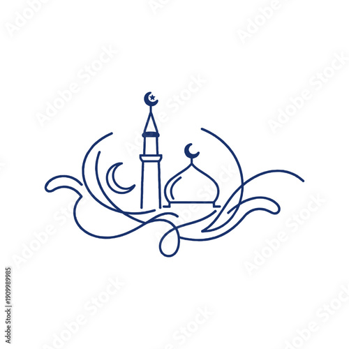 Islamic Mosque Illustration with Crescent Moon Symbol.