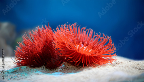A Vibrant Red Sea Anemone On A Sandy Substrate With A Blurred Blue Background