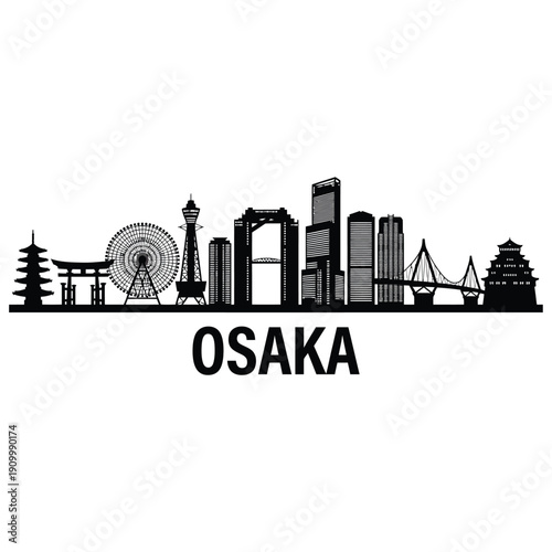 Osaka skyline silhouette featuring iconic landmarks and modern architecture