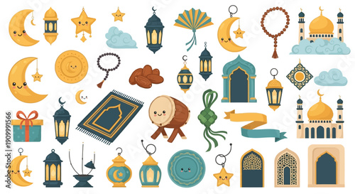 Cute pastel illustration of a crescent moon with a face, surrounded by hanging Islamic decorations like lanterns, stars, mosques, prayer mats, and drums, set against a cloudy sky.