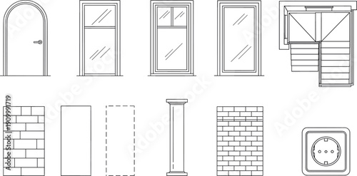 Architectural House Construction Elements Icon Set, Windows Doors and Stairs Flat Line Vector Art
