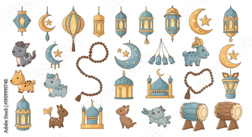 A comprehensive collection of cute cartoon illustrations depicting various traditional Indonesian and Ramadan-themed food and drink items with labels.