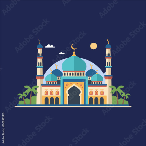 Islamic Mosque Building with Minarets and Dome.
