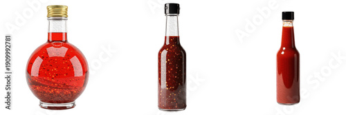 Assorted Glass Bottles Filled with Spicy Red Chili Sauce and Condiments Isolated on White Background