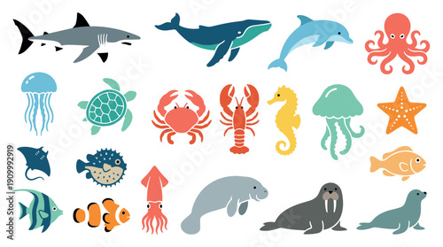 Colorful collection of cute sea animal illustrations featuring a shark, whale, dolphin, octopus, turtle, and crab in a simple flat cartoon vector style for children's design