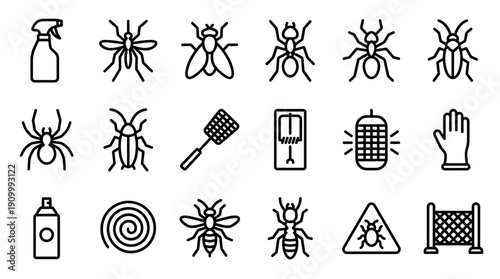 Pest control and insect extermination line icons set showing various bugs like ants, mosquitoes, and spiders with equipment like spray, traps, and coils for disinfestation