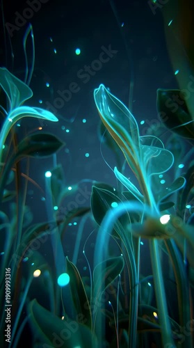 Futuristic Bioluminescent Glowing Sci-Fi Abstract Nature Flora, Vertical Teal Motion Graphics video.
