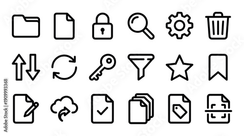Set of black line icons for user interface design, featuring essential glyphs for web and app development like folder, document, lock, search, settings, and trash