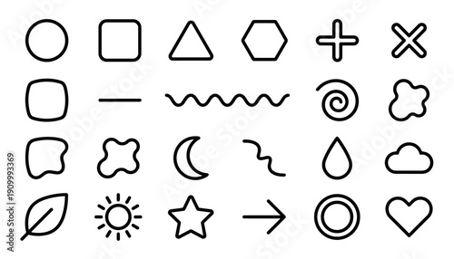 Canvas Print Large set of simple black line icons and basic shapes including a circle, square