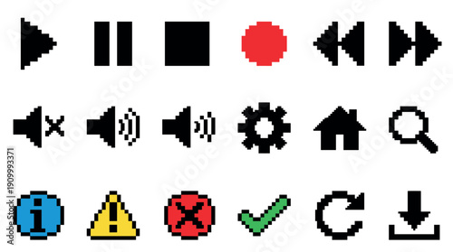Pixel art user interface icon set in a retro 8-bit video game style, featuring various symbols for media players and web navigation like play, pause, download, and settings