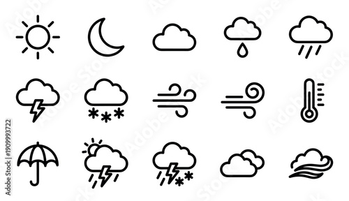 Weather forecast icon set with simple black outlines depicting sun, moon, clouds, rain, storm, snow, wind, and temperature for a modern, clean user interface